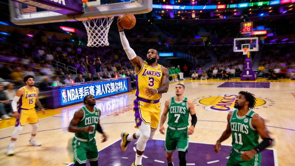 NBA季后赛湖人队对阵凯尔特人队的直播画面，篮球场上球员扣篮瞬间
