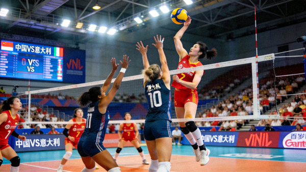 世界排球联赛中国女排对阵意大利女排的直播画面，女排队员跳起扣球